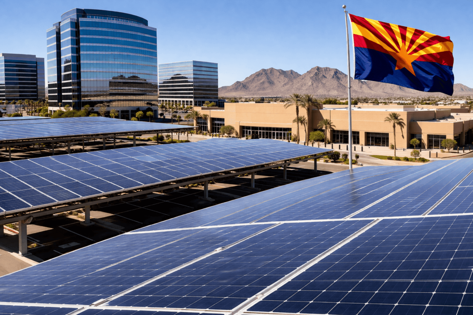 Commercial solar panels on parking structures with Arizona flag, office buildings, and mountains